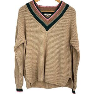 Madewell V-Neck Sweater in Beige with Pink & Green Trim